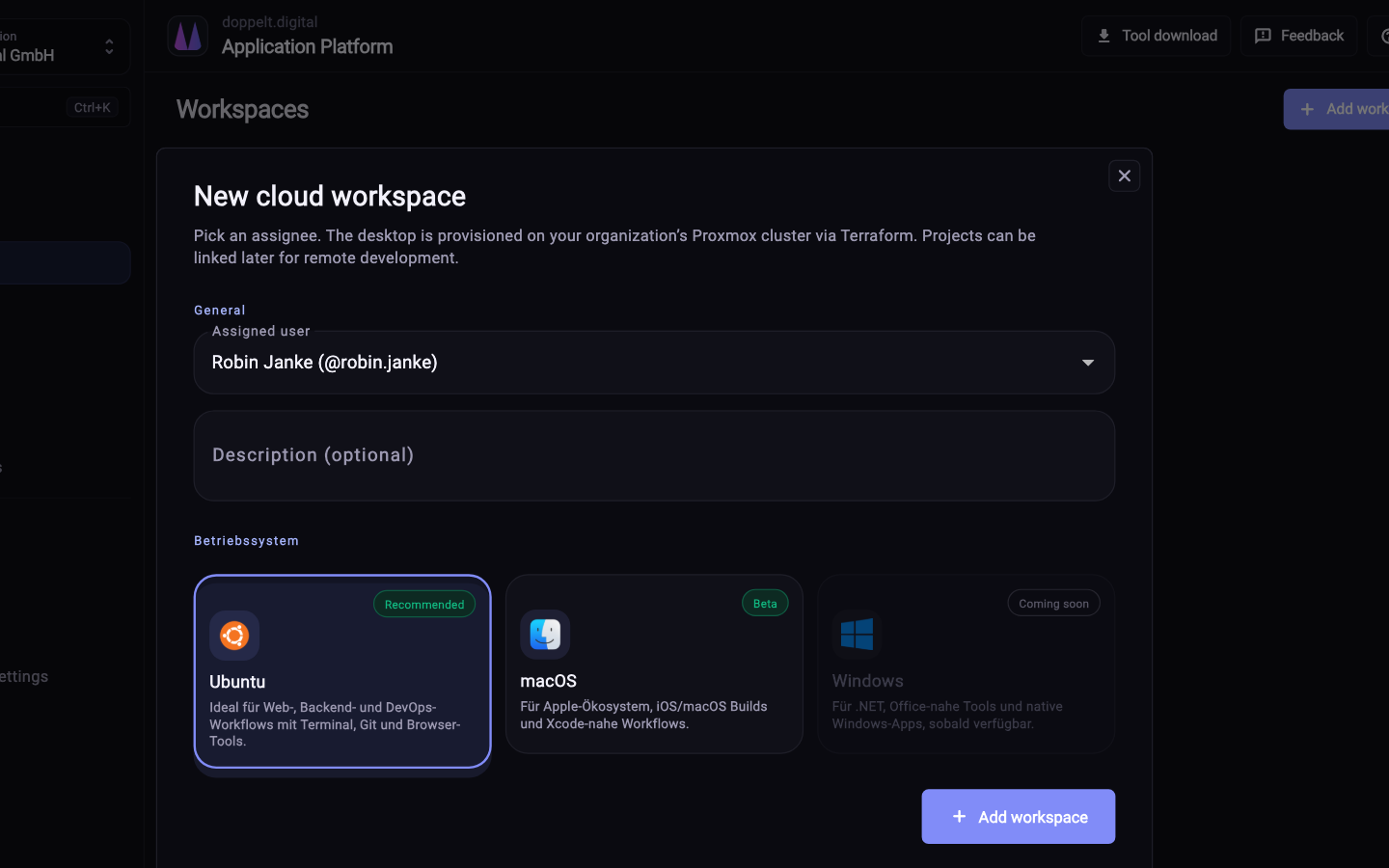 Create a workspace: size, operating system and ownership in one step.